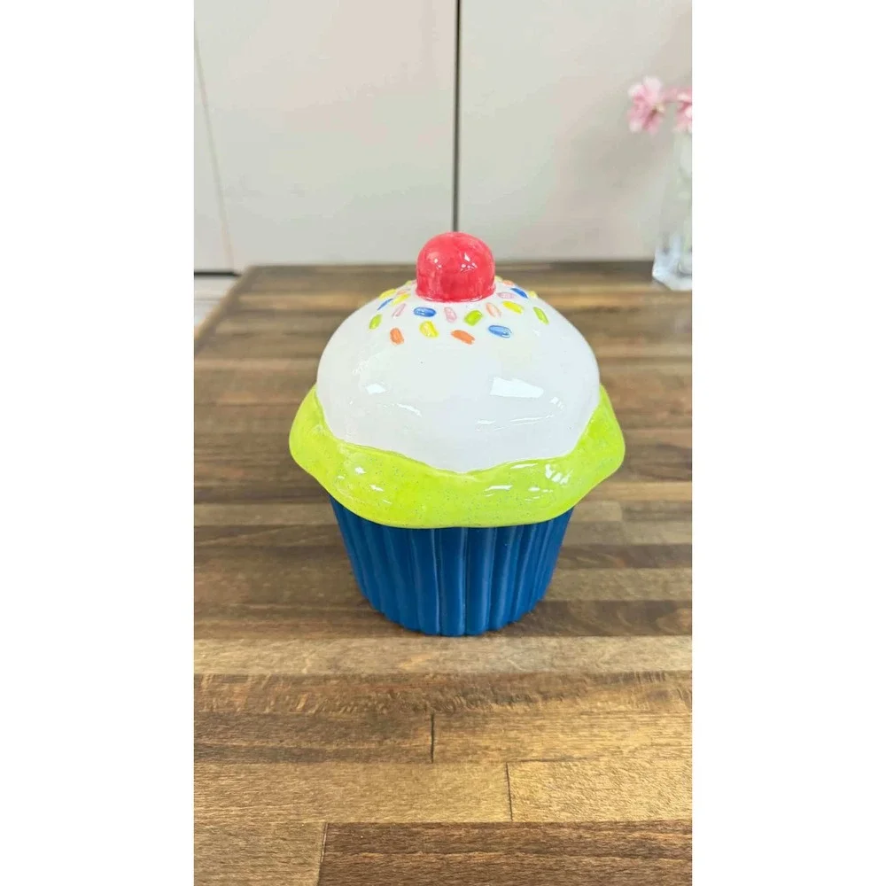 Ceramic Cupcake Canister Lidded Jar Blue Green White Sprinkles Cherry Top Decor